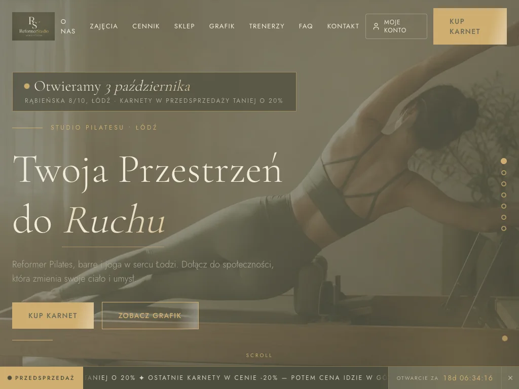 Strona Reformer Studio z ofertą pilatesu i karnetów